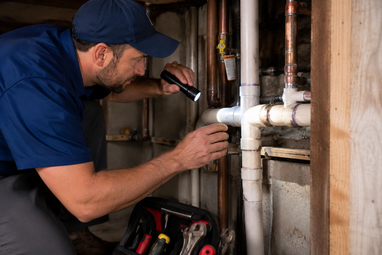 Professional plumber inspecting residential pipes during pipe repair service.