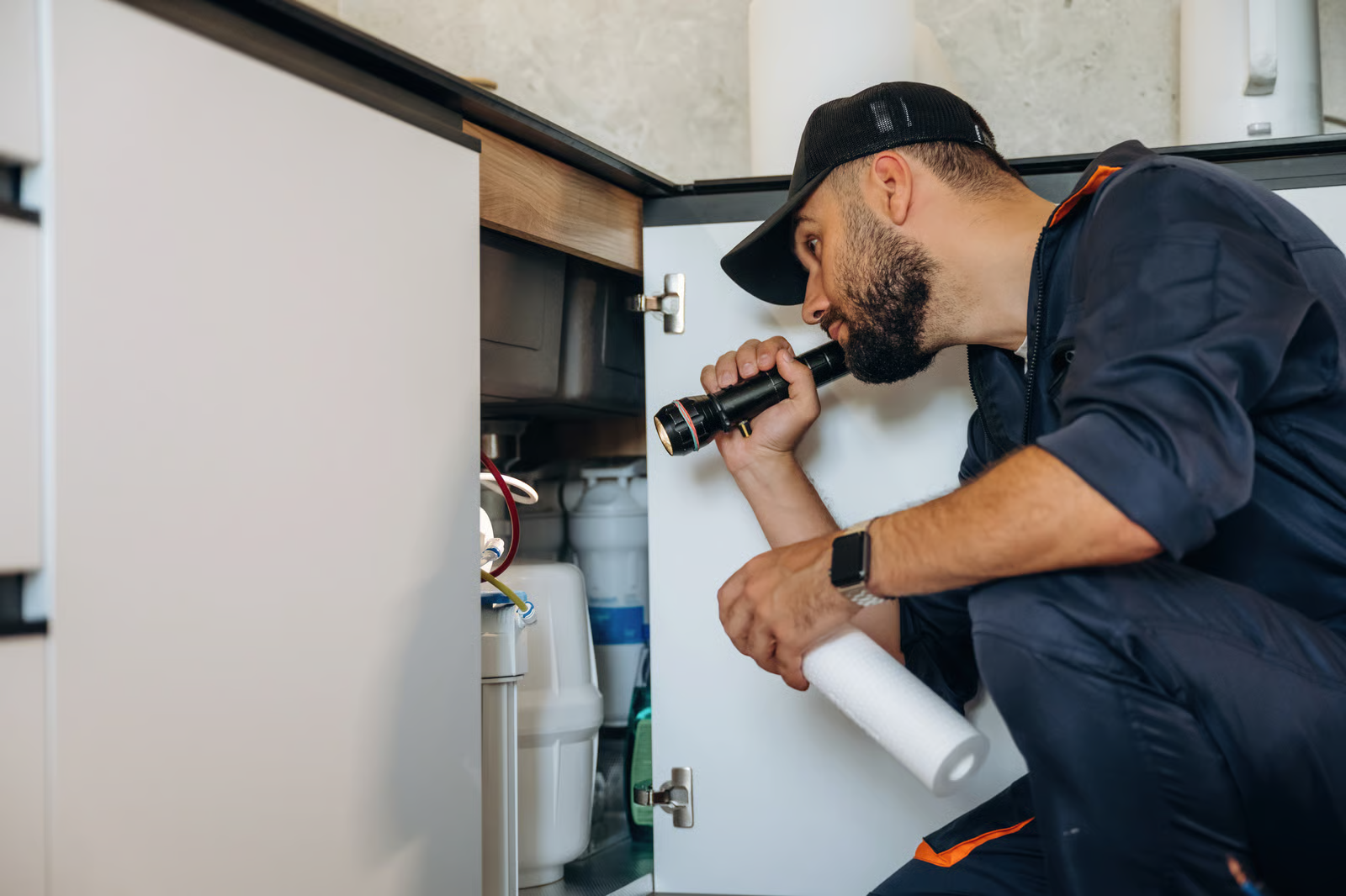 Plumber inspecting home plumbing system for leaks and maintenance.