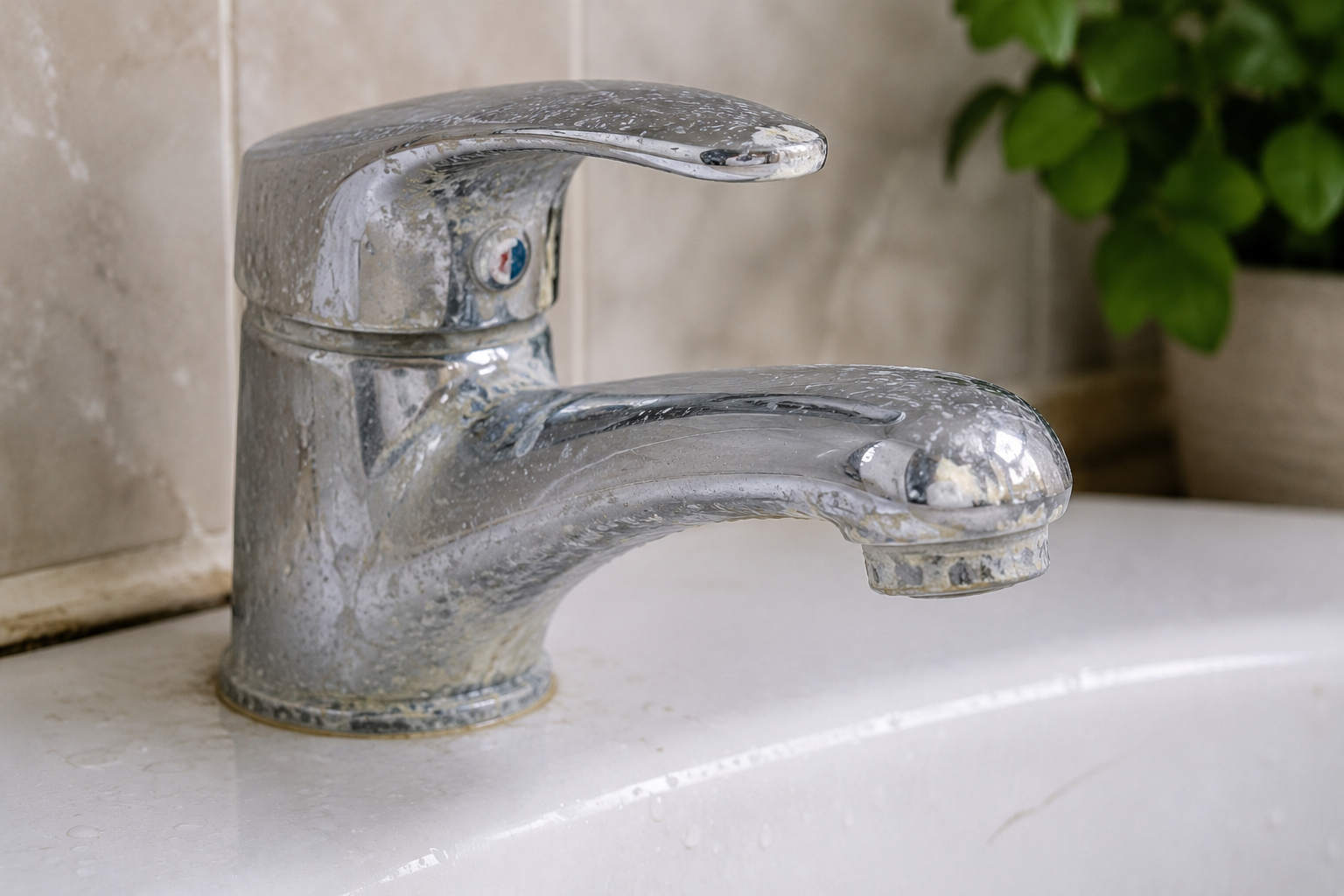 Hard water stains on bathroom faucet before water softener installation.