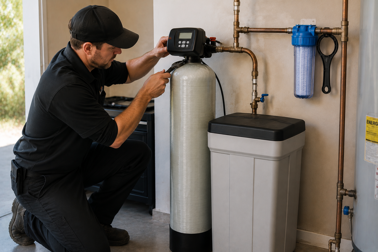 Professional plumber performing water softener installation in residential utility room.